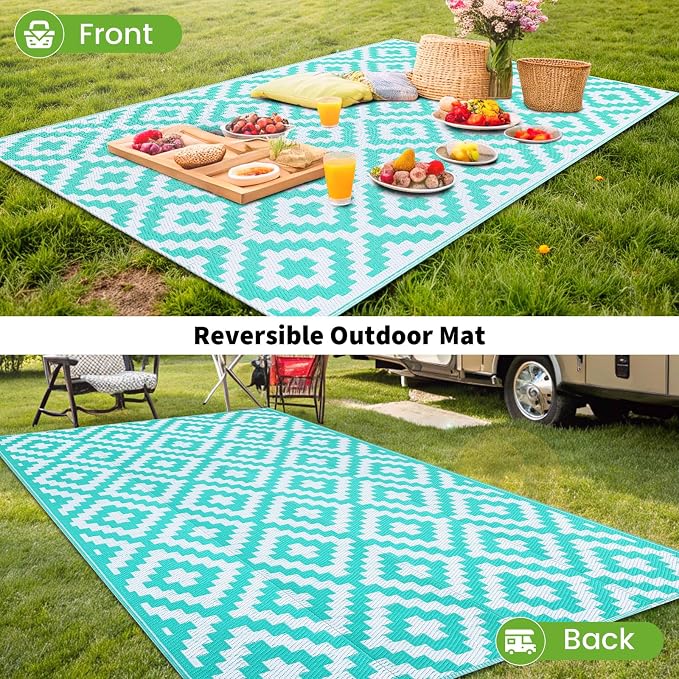 Smiry Waterproof Outdoor Rug 4x6 ft, Reversible Plastic Straw Patio Camping Rugs, Outdoor Indoor RV Mat Carpet for Patio, Outside Entry, Backyard, Deck, Bench, Picnic, Camper, White & Teal - Image 6
