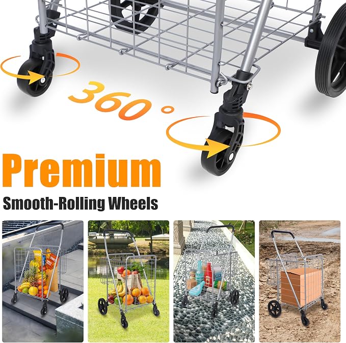 Whitmor Utility Folding Shopping Cart, 115L Heavy Duty Grocery Cart with Double Basket, 360° Swivel Wheels, Foldable Rolling Utility Trolley, 110 Lbs Capacity for Grocery, Laundry, Travel, Sliver - Image 5