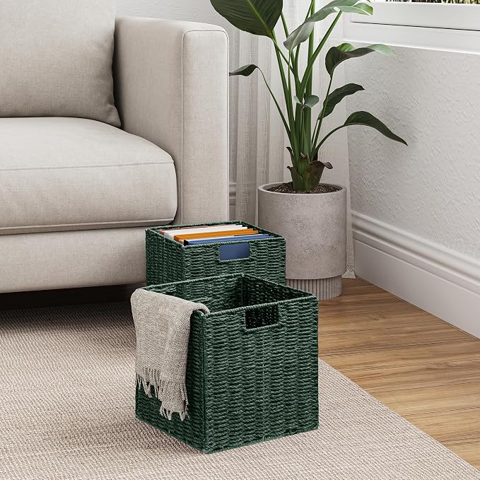 Vagusicc Wicker Storage Basket, Set of 2 Hand-Woven Paper Rope Wicker Basket, Foldable Cube Storage Bins, 9 inch Square Storage Baskets for Organizing Shelves & Decor, Green (9″×9″×9″) - Image 8