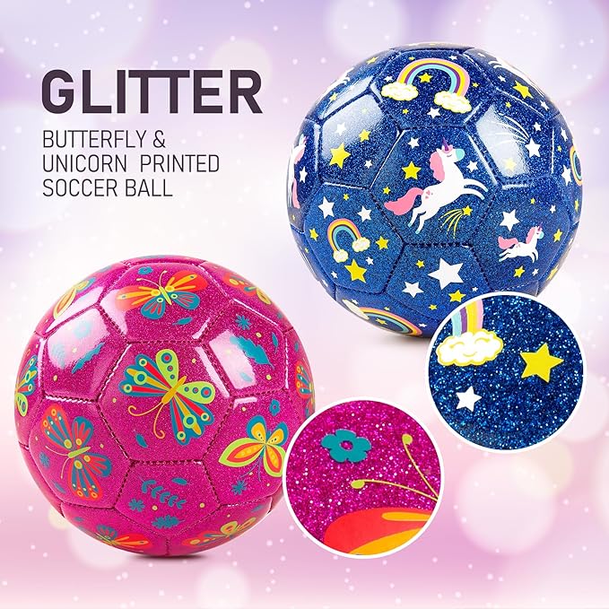 ZOOJOY Soccer Ball Size 2, 2 Pack Cartoon Ball with Pump Mesh Bag, Butterfly & Unicorn Toddler Girls Toys for 1 2 3 4 5 6 Years Old, Christmas Girls Boys Gifts for Indoor Outdoor Play Balls