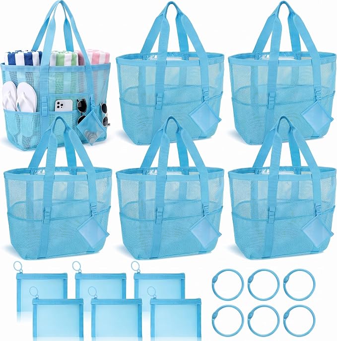Hillban Large Mesh Beach Bag Bulk for Women Waterproof Sandproof Pool Tote Bag with 8 Pocket Small Zipper Pouch with Ring by Hillban