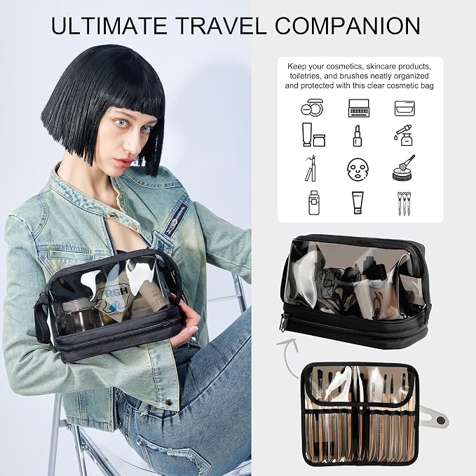 Rough Enough Clear Cosmetic Bag for Women and Men, Leakproof Travel Makeup Organizer, with Detachable Brush Pouch, Large Opening, 6.5”x5”x8.5”, Black - Image 2
