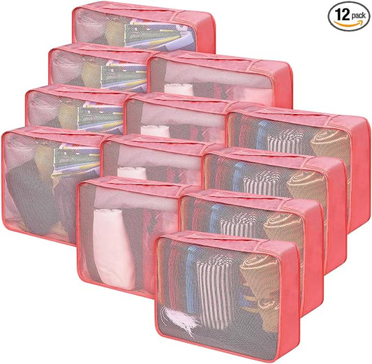 Silkfly 12 Pcs Packing Cubes for Suitcase Travel Luggage Bags Bulk Mesh Organizer Set for Hiking Camping Backpacking Clothes Accessories(Watermelon Red) by Silkfly