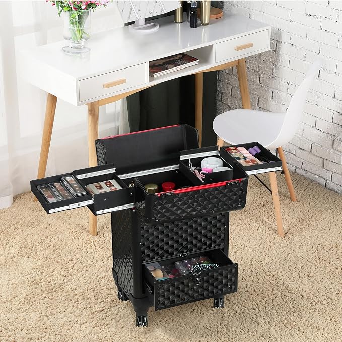 Yaheetech Rolling Makeup Train Case with a Drawer Nail Trolley Black/Red | Sturdy ABS & aluminum nail cart organizes beauty supplies in side trays and a drawer, rolls smoothly & lockable for travel - Image 8