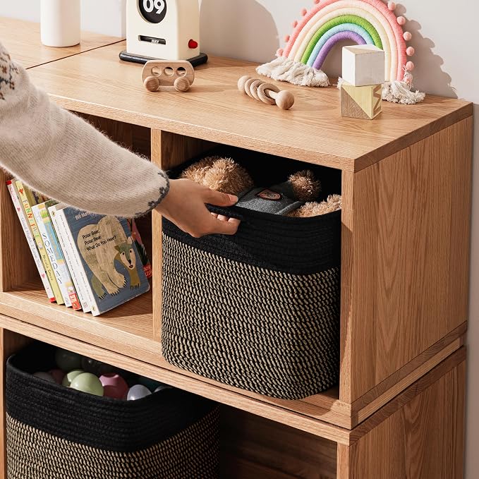 joybest 13x13x13 Inch Cube Storage Bins Set of 4, Cotton Rope Woven Organizer Basket for Shelves, Cube Bin Square Shelves Organizer Closet Storage, Nursery, Toy Organization, Black&Dark Brown - Image 2