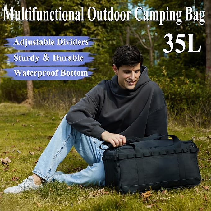 COOZMENT 35L Camping Bag,Tactical Duffle Bag with Waterproof Bottom,Shoe Bag for Travel/Outdoor with 3 Adjustable Dividers,Picnic Camping Organizer,Multi-functional Duffel Bag for Camping/Sports/GYM - Image 2