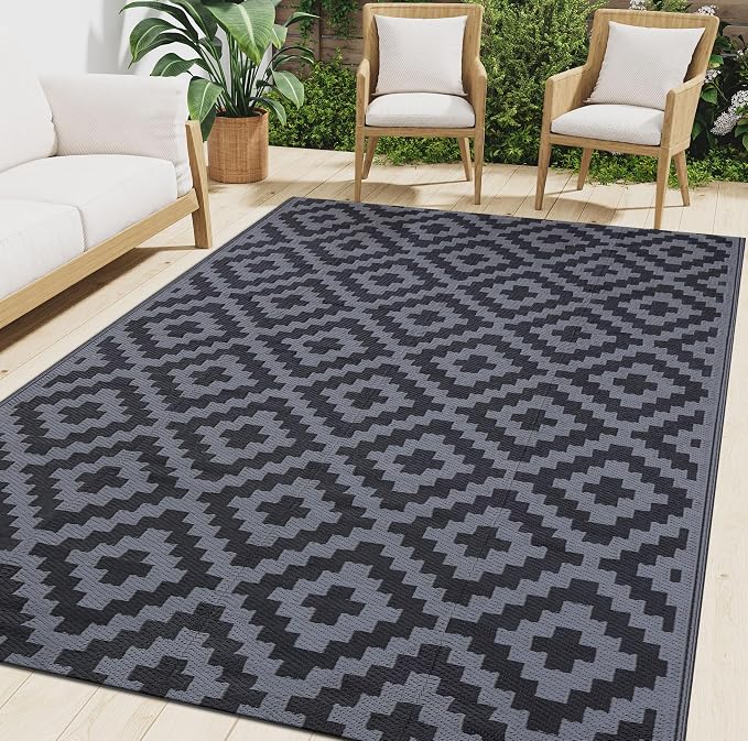 Smiry Waterproof Outdoor Rug 6x9 ft, Reversible Plastic Straw Patio Camping Rugs, Outdoor Indoor RV Mat Carpet for Patio, Outside Entry, Backyard, Deck, Bench, Picnic, Camper, Black & Grey by Smiry
