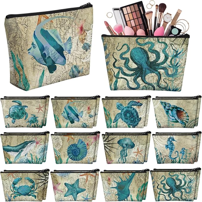 Sweetude 24 Pcs Beach Coastal Makeup Bags Bulk Retro Summer Nautical Portable Travel Cosmetic Bag with Zipper Sea Animals Waterproof Roomy Travel Toiletry Organizer Storage Pouch for Women Ocean Gifts by Sweetude