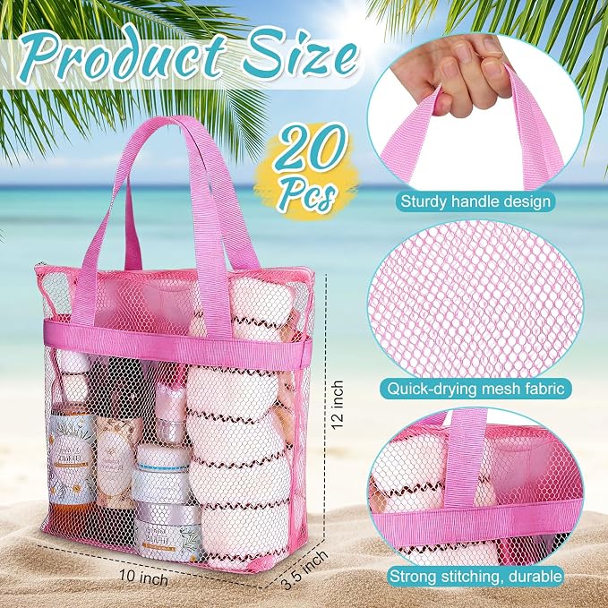 20 Pcs Mesh Beach Bags Bulk Portable Mesh Shower Caddy Bags with Zipper & 2 Pockets Hanging Toiletry and Bath Organizer for Beach Gym Camp Swimming Travel College Dorms (Macaron Color) - Image 2