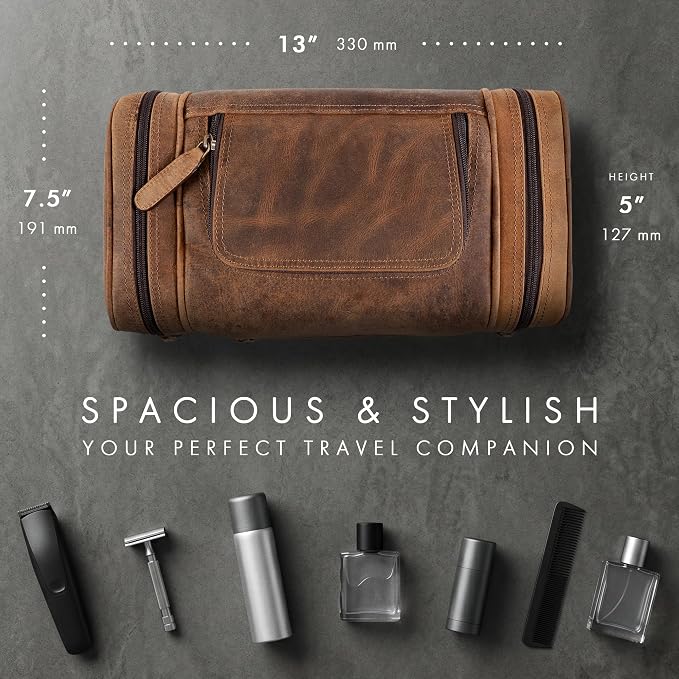 ELIZO Real Leather Toiletry Bag for Men - Extra Large Hanging Travel Organizer for Toiletries, Ideal for Dopp Kit & Shaving Kit for Men, Essential Mens Travel Toiletry Bag for Toiletries (Grizzly) - Image 2