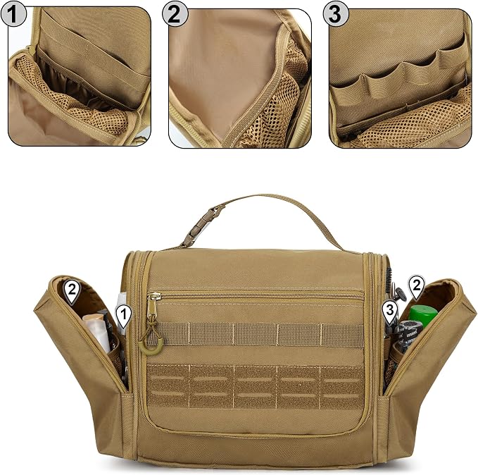 Tactical Toiletry Travel Bag for Men, Hanging Dopp Kit Hygiene Bag Shower Organizer with Hook for Toiletries and Shaving Care, Khaki (Empty Bag) - Image 3