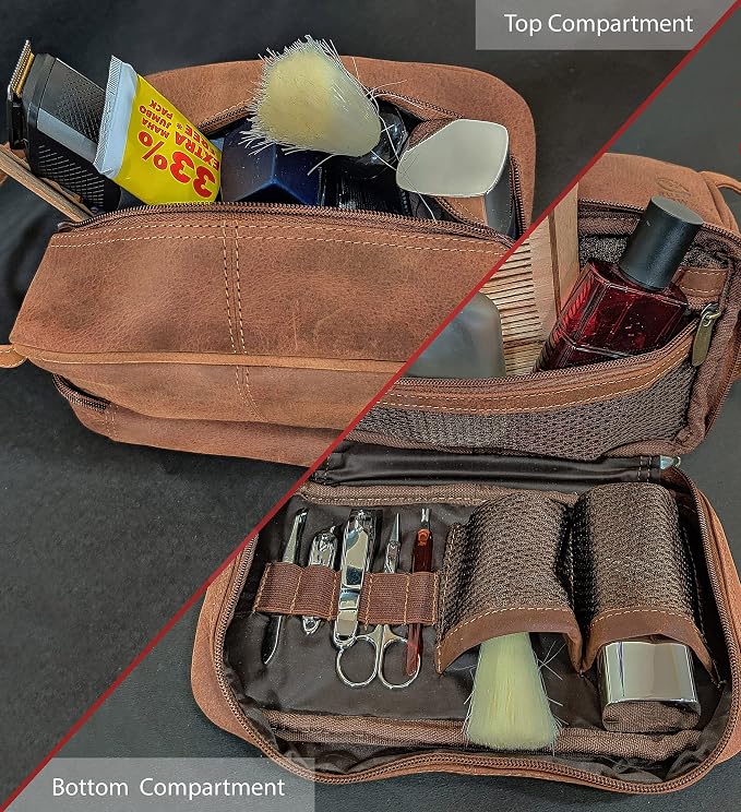 RUSTIC TOWN Leather Toiletry Bag - Waterproof Ditty Kit for Men and Women, Travel Organizer for Full-Size Essentials, TSA Approved - Image 3