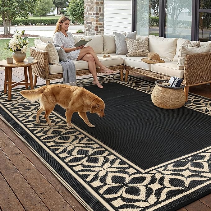 PureCozy Outdoor Plastic Straw Rug Black Beige Large Outside Waterproof Outdoor Patio 9x12 Carpet Geometric Reversible Mat Modern for Camping RV Porch Deck Balcony Beach - Image 2