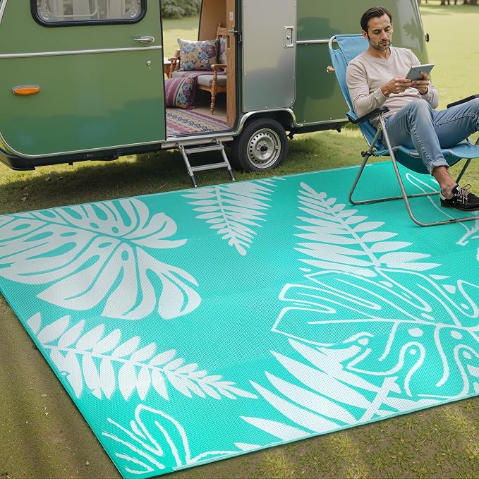 PureCozy Outdoor Plastic Straw Rug Leaf Waterproof Teal Blue Outside Patio 6x9 Carpet Tropical Reversible Mat Washable Large for Camping RV Porch Deck Balcony Beach by PureCozy