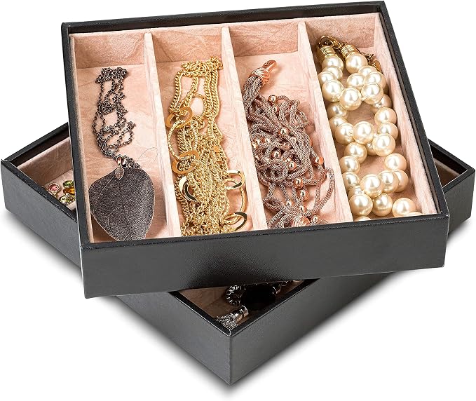 Glenor Co Jewelry Organizer Tray - Set of 2 - Stackable 8 Slots Jewelry Storage Trays - Display on Dresser or Drawer - for Necklace & Bracelet - Compatible with Other Trays - Black - Image 3