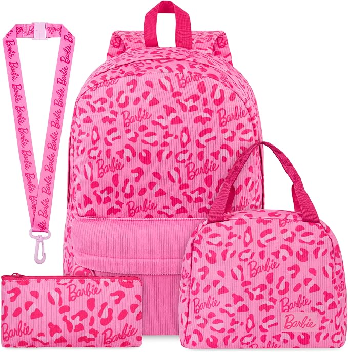 Get Trend Barbie Girls Corduroy Backpack 4 Piece Set | 17 inch Bookbag with Laptop Pocket, Insulated Lunch Bag, Pencil Case & Lanyard, Back to School Gifts for Girls by GetTrend