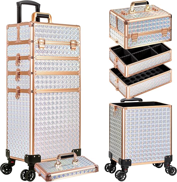 AROUS 5 in 1 Rolling Makeup Train Case with Lid Cosmetology Case on Wheels | Large Cosmetic Trolley Organizer with Keys Salon Barber Case Traveling Cart Trunk for Artist Hairstylists Nail Tech,White by Unknown