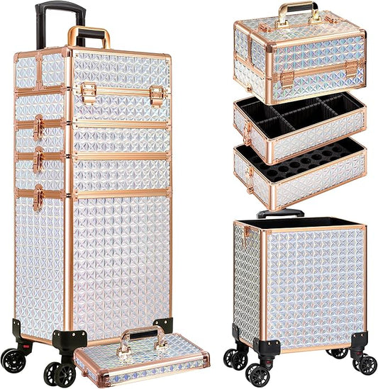 AROUS 5 in 1 Rolling Makeup Train Case with Lid Cosmetology Case on Wheels | Large Cosmetic Trolley Organizer with Keys Salon Barber Case Traveling Cart Trunk for Artist Hairstylists Nail Tech,White by Unknown