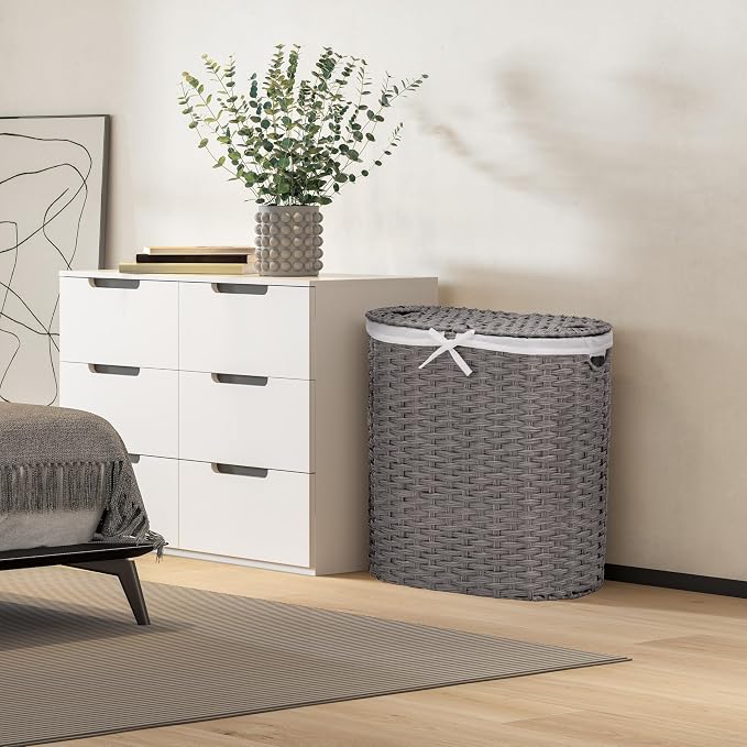 Seville Classics Premium Handwoven Portable Laundry Bin Basket with Carrying Handles, Household Storage for Clothes, Linens, Sheets, Gray, Oval Hamper - Image 2