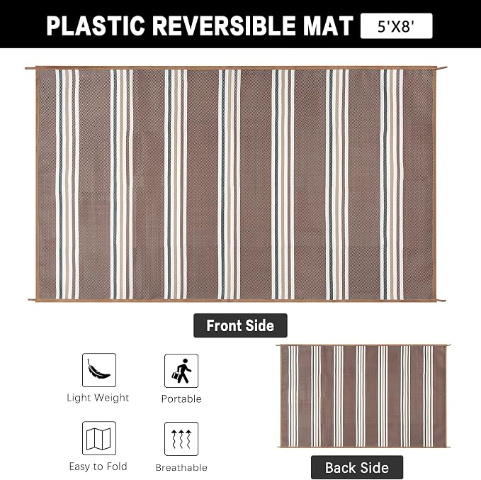 PureCozy Outdoor Waterproof 5x8 Rug for Patio Reversible Plastic Straw Brown Striped Camping Mat Outside Lightweight Large Floor Mat for RV Deck Beach Balcony Picnic Backyard Entry Porch - Image 6