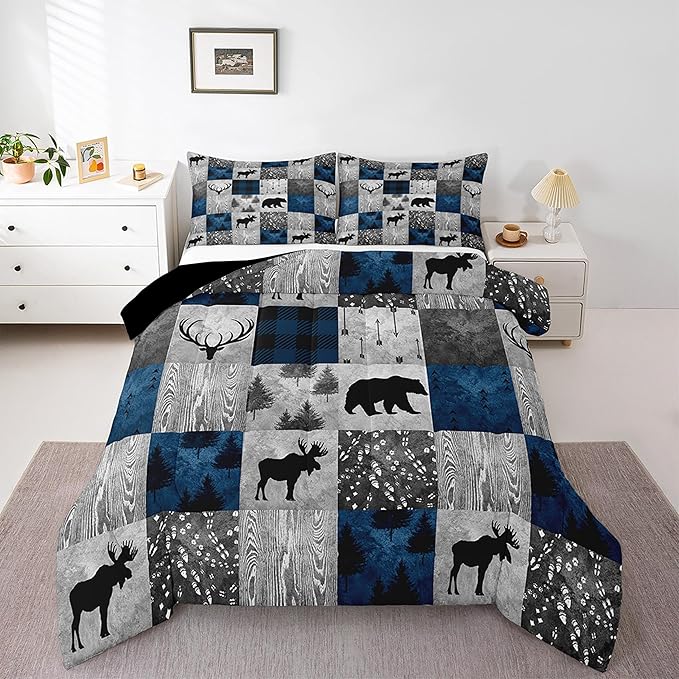Bear Bedding Set Twin for Teens Boys,Buffalo Plaid Check Comforter Set Cabin Lodge Decor,Wild Animal Elk Antler Pattern Duvet Quilt Insert,Rustic Deer Patchwork Down Comforter 2pcs Blue Grey by Erosebridal