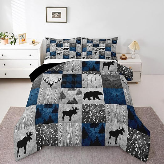 Bear Bedding Set Full for Teens Boys,Farmhouse Moose Elk Deer Comforter Set Cabin Lodge Decor,Hunting Animal Duvet Insert,Blue Grey Buffalo Plaid Check Patchwork Down Comforter with 2 Pillowcases by Erosebridal