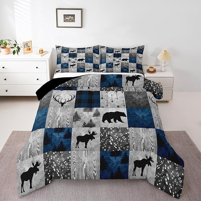 Bear Bedding Set Full for Teens Boys,Farmhouse Moose Elk Deer Comforter Set Cabin Lodge Decor,Hunting Animal Duvet Insert,Blue Grey Buffalo Plaid Check Patchwork Down Comforter with 2 Pillowcases by Erosebridal