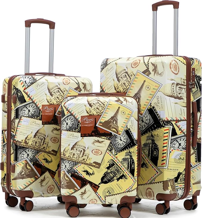 Hardside Luggage Sets, Lightweight Stripes Suitcase with Spinner Wheels, Coffee-PC by Merax