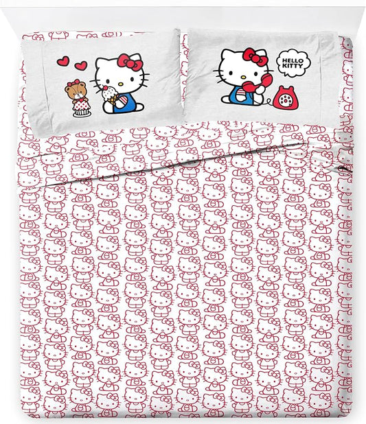 Jay Franco Sheet Set with Fitted, Flat Sheets & Pillow Cover - Ultra-Soft Bedding with Pillowcase for Room Decor, Red - Hello Kitty, 4 Piece Queen by JayFranco