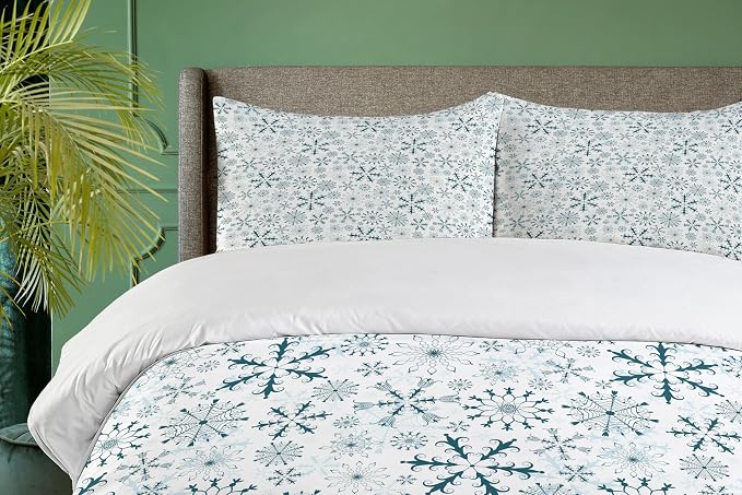 Ambesonne Winter Duvet Cover Set, Merry Xmas Theme Delicate Snowflakes Cold Freezing Weather Vintage Holiday Pattern, Decorative 3 Piece Bedding Set with 2 Pillow Shams, Queen Size, Teal White - Image 3