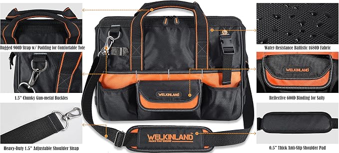 WELKINLAND 16" Tool Bags, 34-Pocket Electrician Tool Bag For Men | Open-Top Technician Tool Bag, Handy Power Tool Bag, Tool Bags for Men Heavy Duty, Electrician Tool Organizer, HVAC Tools Bag - Image 7