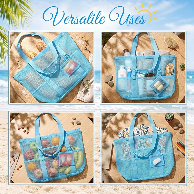 Hillban Large Mesh Beach Bag Bulk for Women Waterproof Sandproof Pool Tote Bag with 8 Pocket Small Zipper Pouch with Ring - Image 5