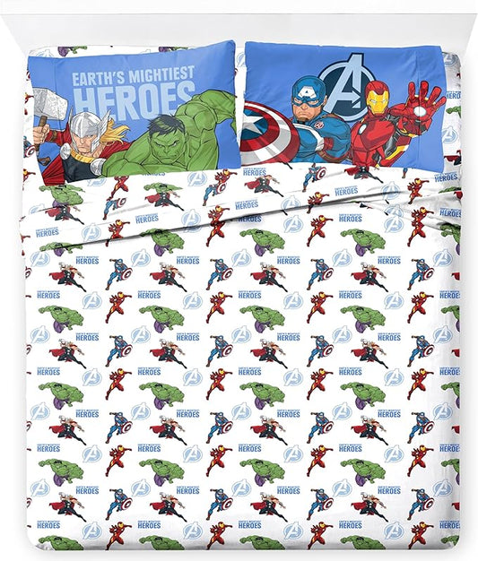 Jay Franco Kids Sheet Set with Fitted, Flat Sheets & Pillow Cover - Ultra-Soft Bedding with Pillowcase for Room Decor, White - Avengers, 4 Piece Full by JayFranco