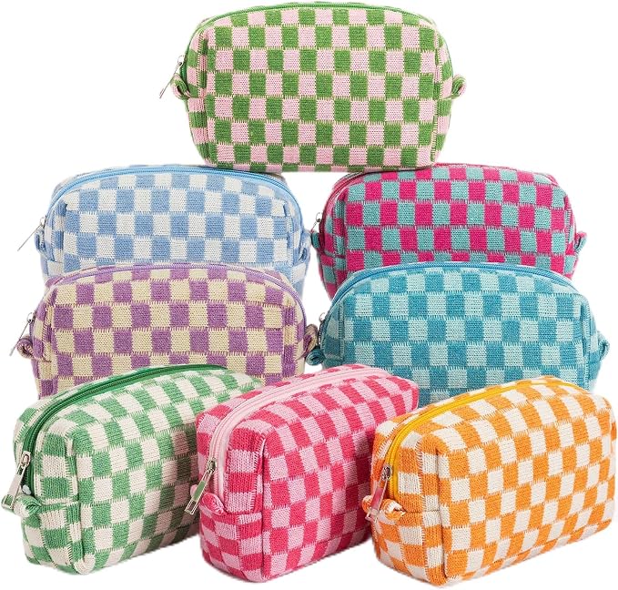 Gilprop 8 Pcs Checkered Makeup Bag for Purse Small Cosmetic Pouch Bulk Portable Zipper Makeup Pouch Travel Toiletry Organizer Gifts for Women Bridesmaid Wedding Party Favors (Colorful 3) by Gilprop