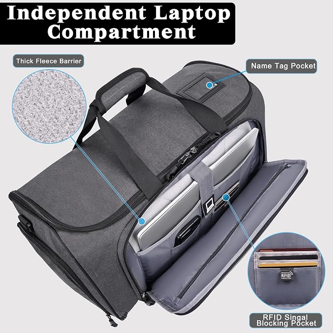 HILOMON Travel Garment Duffle Bag with Laptop Compartment, RFID Blocking Convertible Suit Bag Name Tap Pocket Carry On 2 in 1 Hanging Suit Travel Duffel Work Pouch - Image 2