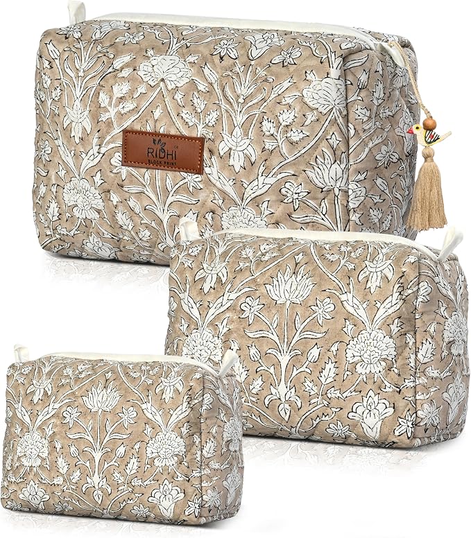 Ridhi Taupe Hand Block Printed Floral Toiletry Bag For Women 100% Cotton Quilted Set of 3 Waterproof Inner Lining, Cosmetic Jewelry Organizer, Travel Pouch, Essential Storage Purse Gifts by Ridhi