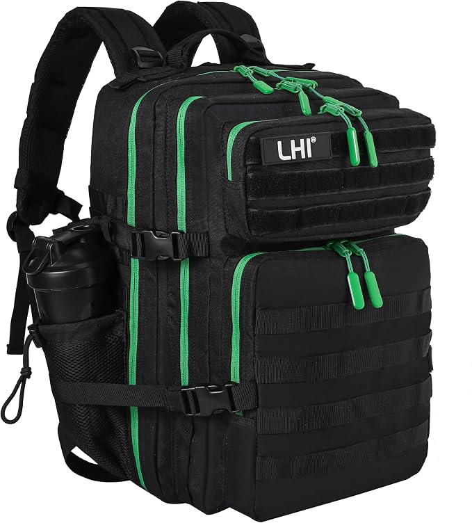 LHI Military Tactical Backpack for Men and Women 45L Army 3 Days Assault Pack Bag Large Rucksack with Molle System - Black with green zipper by LHI