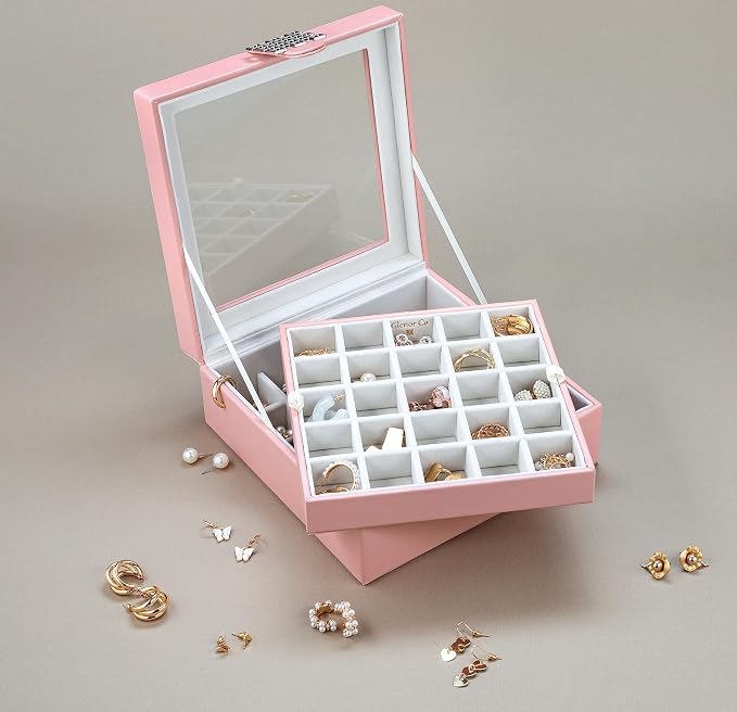 Glenor Co Earring Organizer - Classic 50 Section Jewelry Box/Case/Holder for Earrings, Rings, Necklaces, Jewelry, Cufflinks or Collections -2 Layer Small Compartments with Large Glass Top - Soft Pink - Image 5