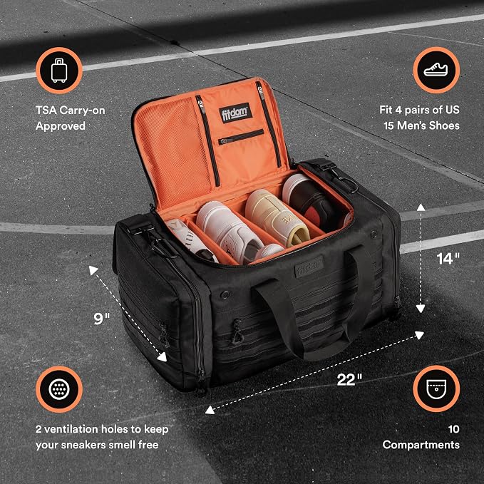 22" Sneaker Bag for Travel, Personal Sports equipment bag for Soccer, Basketball and more. A Multi-functional Duffle with 3 Adjustable Padded Dividers, & Shoulder Strap. TSA Carry-On Size Approved - Image 2