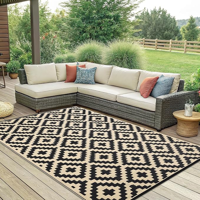 Smiry Waterproof Outdoor Rug 6x9 ft, Reversible Plastic Straw Patio Camping Rugs, Outdoor Indoor RV Mat Carpet for Patio, Outside Entry, Backyard, Deck, Bench, Picnic, Camper, Black & Beige - Image 7