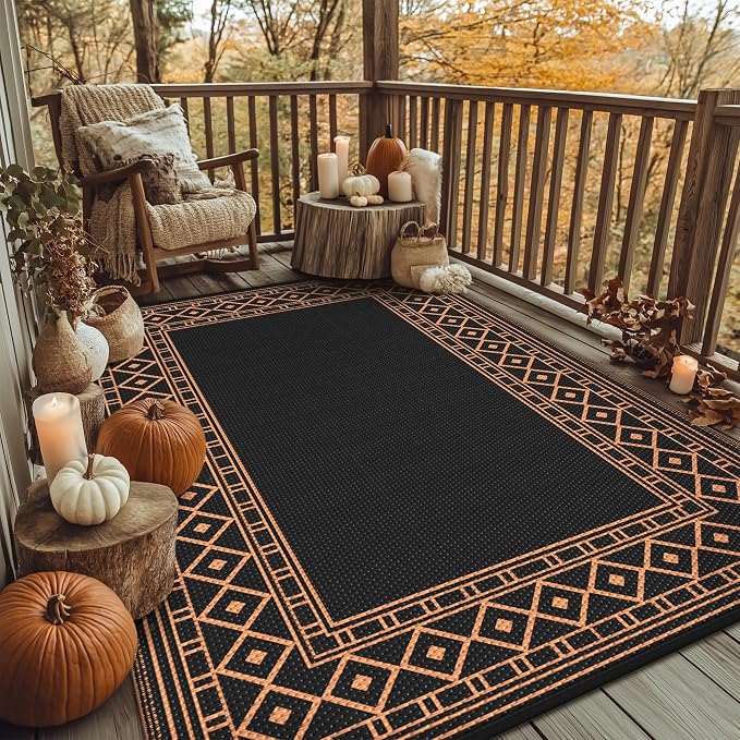 GENIMO Outdoor Rug, Waterproof Plastic Rugs for Patio, 6'x9' Blcak Orange | Outside Larger Modern Carpet Mat for Porch Decor, Deck, Balcony, Camping, RV, Backyard, Picnic, Beach, Reversible - Image 8