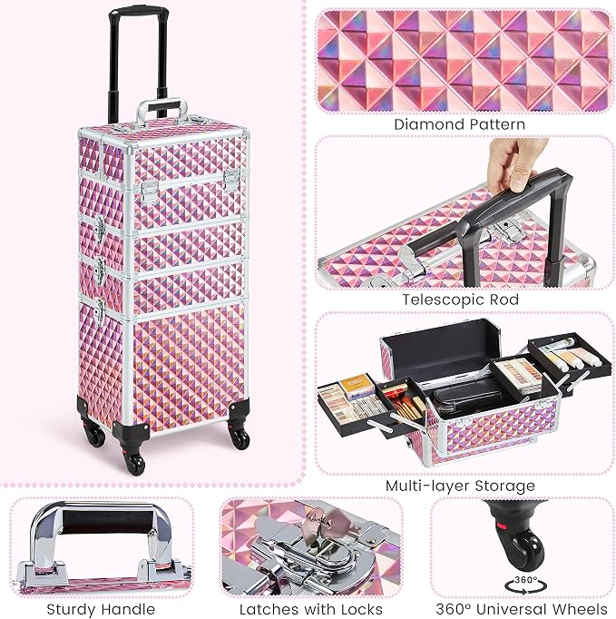 Yaheetech 4 in 1 Rolling Makeup Train Case, Glitter Pink Cosmetology Cart | Extra large diamond-finish aluminum train case with a lock, detachable tiers, and accordion trays keeping makeup organized - Image 7