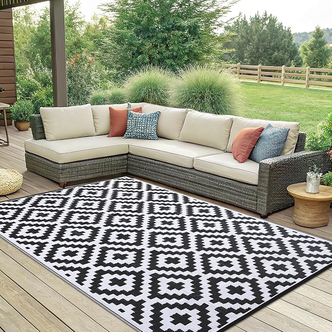 Smiry Waterproof Outdoor Rug 6x9 ft, Reversible Plastic Straw Patio Camping Rugs, Outdoor Indoor RV Mat Carpet for Patio, Outside Entry, Backyard, Deck, Bench, Picnic, Camper, Black & White - Image 7