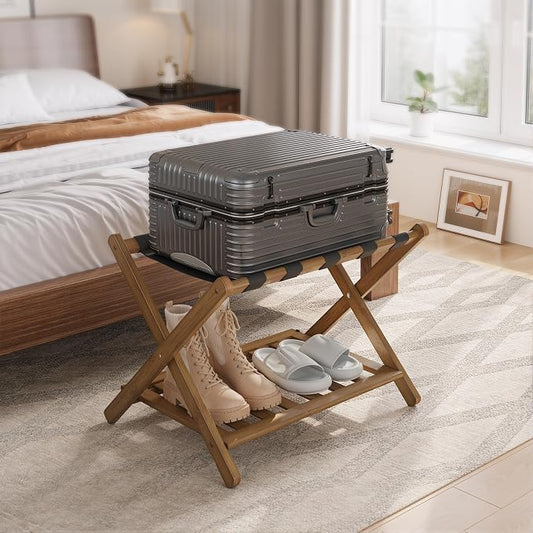 Smuxee Fully Assembled Black Walnut Luggage Rack, Upgraded Bamboo Foldable Suitcase Stand with 5 Nylon Straps, Luggage Holder with Shelf for Guest Room Bedroom Hotel by Smuxee