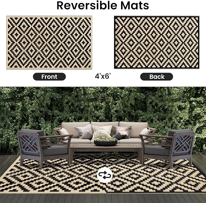 Smiry Waterproof Outdoor Rug 4x6 ft, Reversible Plastic Straw Patio Camping Rugs, Outdoor Indoor RV Mat Carpet for Patio, Outside Entry, Backyard, Deck, Bench, Picnic, Camper, Black & Beige - Image 3