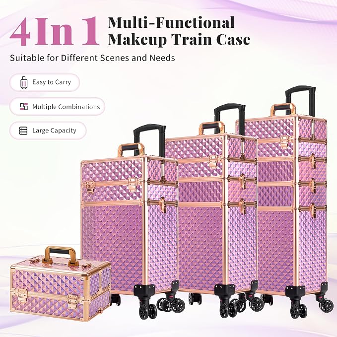 AROUS Rolling Makeup Train Case 4 in 1 Cosmetology Case on Wheels Large Storage Cosmetic Trolley with Key Salon Barber Case Traveling Cart Trunk, Pink - Image 2