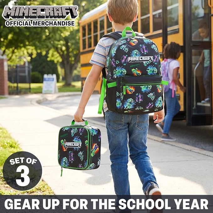 Get Trend Minecraft Kids Backpack Set for Boys with Insulated Lunch Bag & Pencil Case, 3 Pc Book Bag with Padded Straps for School, Travel, Creeper Gamer Gifts for Boys (Multi Creeper) - Image 4