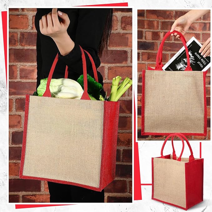 Saintrygo 12 Pcs Burlap Jute Tote Bags with Handle Reusable Blank Bridesmaid Gift Bags for Shopping Wedding DIY, 12x12x7.7In(Jute and Red) - Image 4