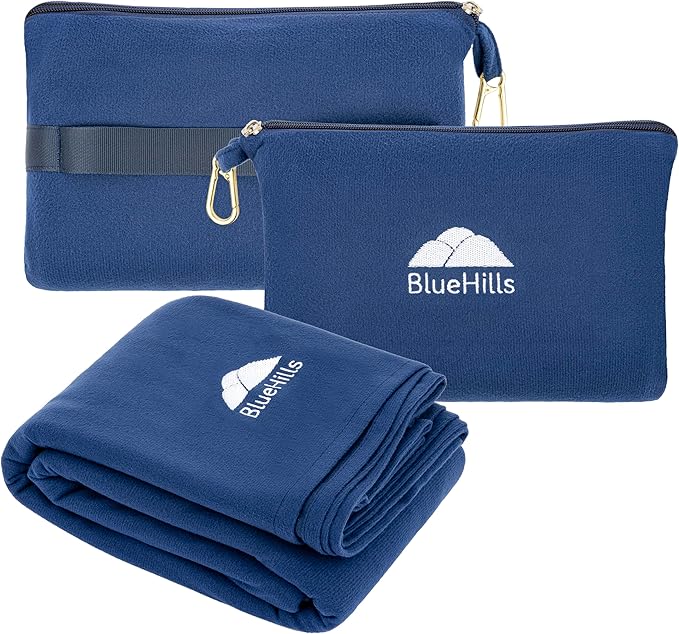 BlueHills Premium Soft Lightweight Travel Blanket Airplane Warm - Navy Blue | Portable & Packable, Soft Zipper Case, Luggage Belt & Backpack Clip Included, Easily Foldable, Large Compact 70 X 56 Inches by BlueHills