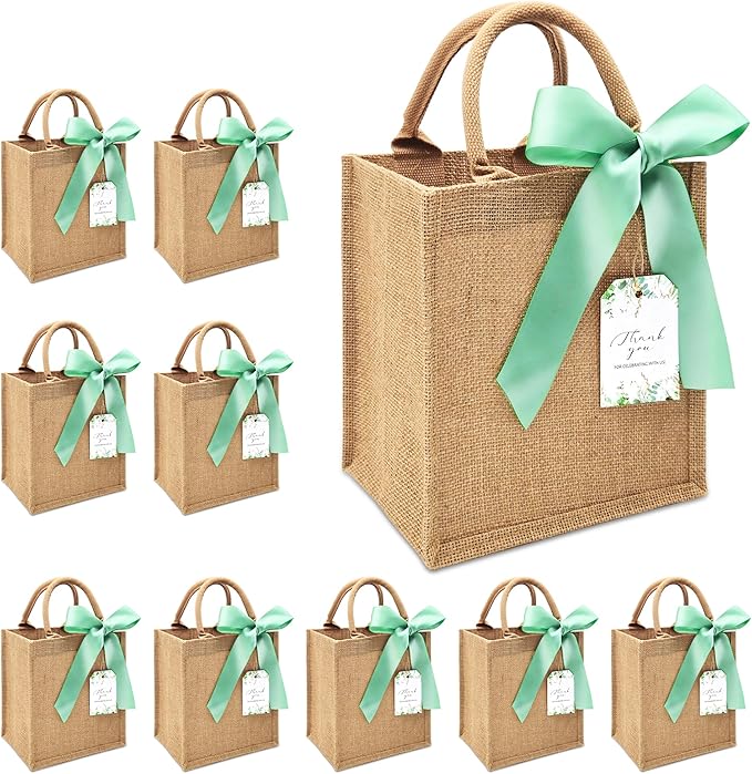 10 Pack Burlap Gift Bags for Wedding Welcome, Bachelorette, Beach, Bridesmaid - Small Bulk Reusable Jute tote with Sage Green Ribbons by JollyFayre